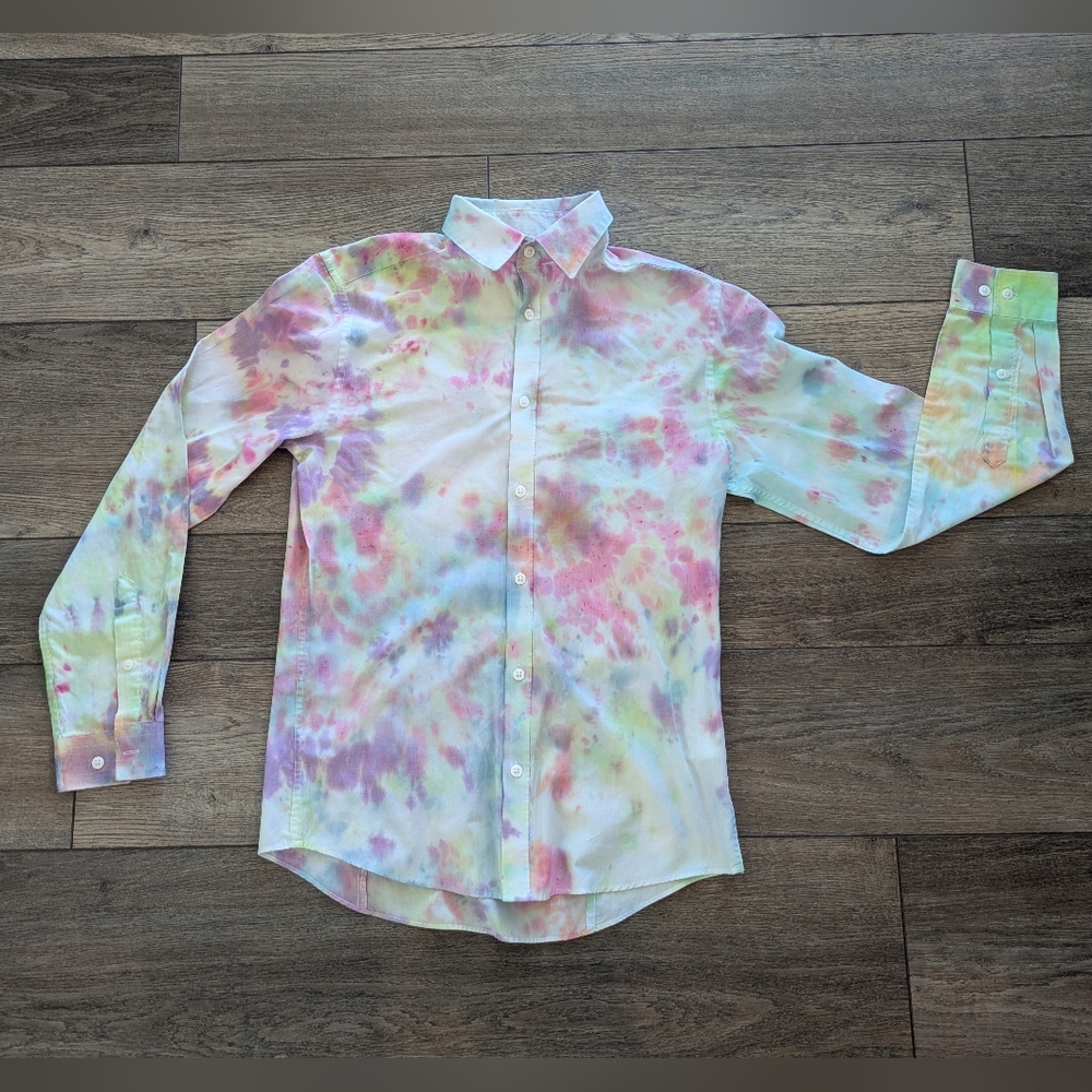 H&M Men's Small Slim Easy Iron Button Down Work Dress Shirt Tie-Dye Long Sleeve